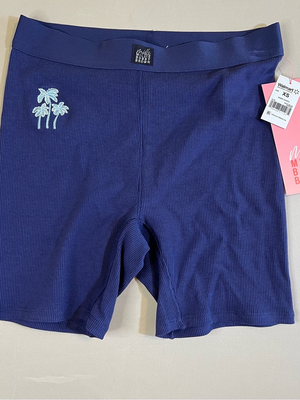 Millie Bobby Brown Navy Ribbed Shorts with Light Blue Palm Embroidery